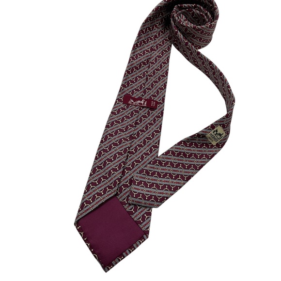 HERMÈS 773 UA Burgundy/Gray Striped Belt Silk LUXURY Tie FRANCE - Picture 2 of 5